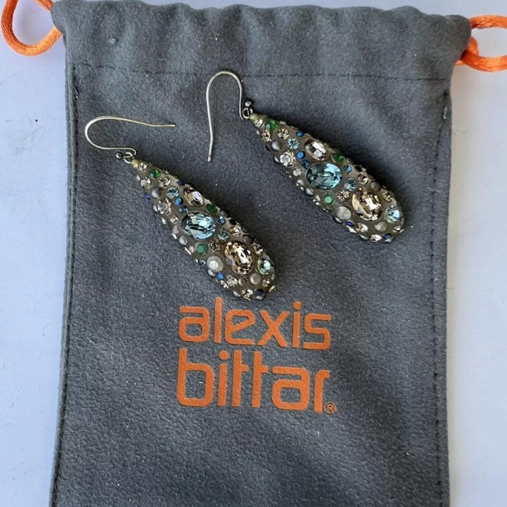 Alexis Bittar Gray Taupe Lucite Jeweled Dangle Earrings. Like new 2” long.